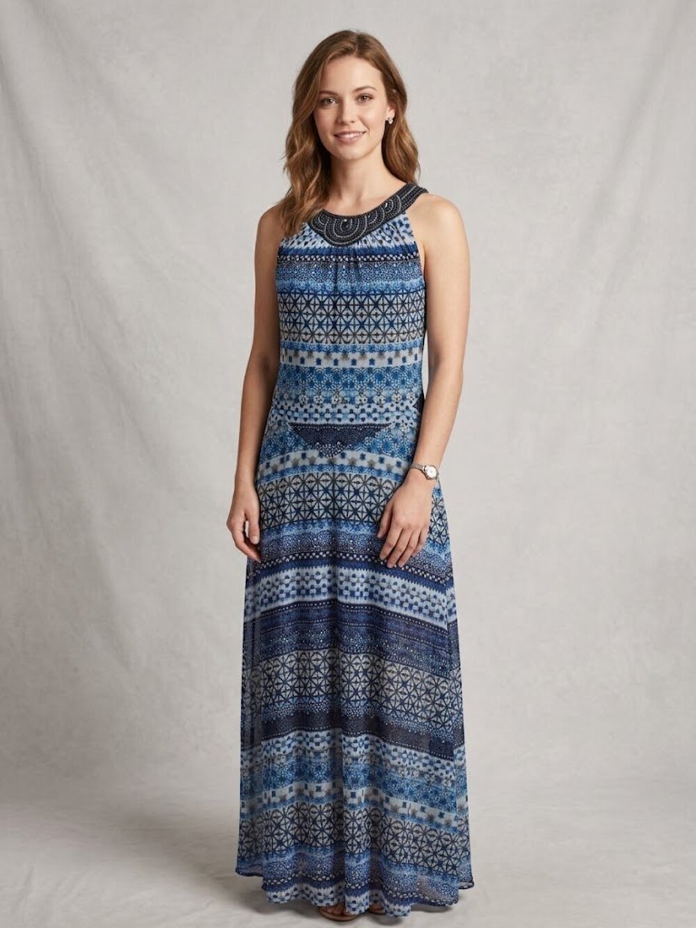 Sleeveless Blue Maxi Dress M Halter Resort Boho Mediterranean Tropical Cruise